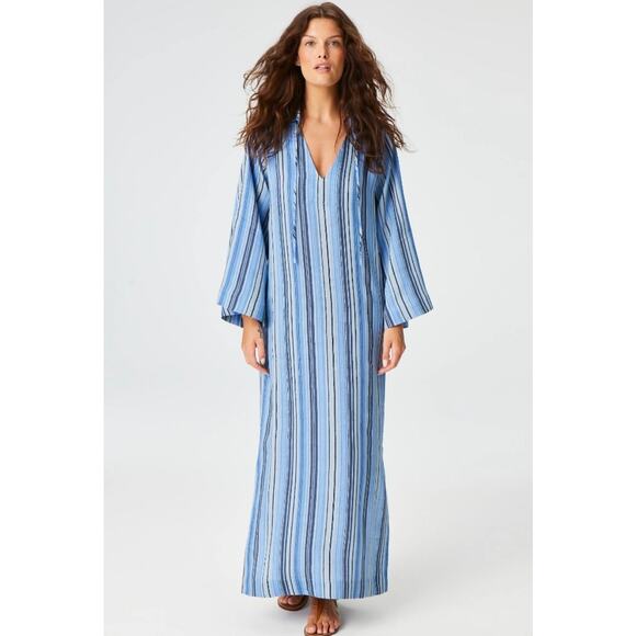 Lisa Marie Fernandez The Tunic Caftan In Sea Striped Linen Blue Maxi Dress NWT 0 - Picture 1 of 10